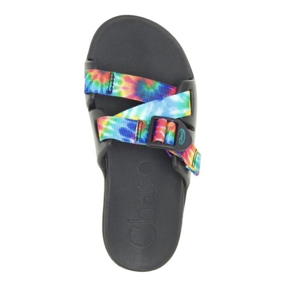 Chaco Women's Chillos Slide Sandals in Dark Rainbow Tie Dye, size 7